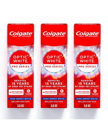 Colgate Optic White Pro Series High Impact White 3 Pack Teeth Whitening Toothpaste with 5% Hydrogen Peroxide and ActivShine Brilliant Mint Flavor 3.0 OZ