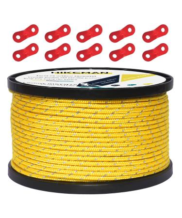 HIKEMAN 50m Reflective Guyline Solid Braid Nylon Camping Rope with Aluminum Adjuster Cord Tensioner Tent Accessory for Outdoor Travel Hiking Backpacking and Water Activities (Yellow 3mm) Yellow 3mm