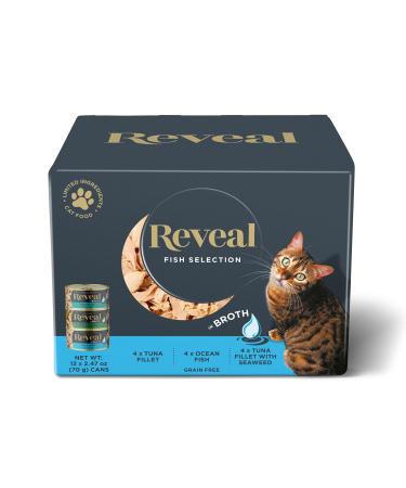Reveal Natural Wet Cat Food, 12 Pack, Limited Ingredient Canned Wet Cat Food, Grain Free Food for Cats in Broth, Flavor Variety Pack 12 x 2.47 oz Cans Fish Variety