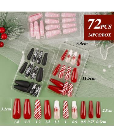 Flofia 72x Christmas Long Ballerina Artificial Nails - Trendy Pink Red & Black Designs for Women & Girls - Instant Glue-On Fingernails - Buy Online on GoSupps.com
