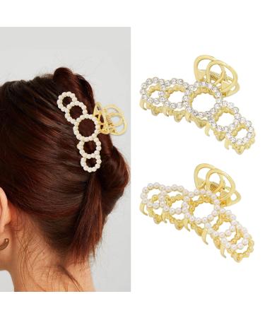 B.PHNE 2Pc Metal Rhinestone Hair Claw Clips 3.2 Inch Large Gold Hair Claw Clip Pearl Hair Jaw Clips Hair Clasps Accessories for Women Lady
