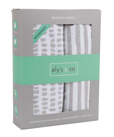 Ely's & Co. Patent Pending Waterproof Bassinet Sheet, No Need for Bassinet Mattress Pad Cover, 2 Pack Taupe Splash & Stripes,Unisex for Baby Boy and Baby Girl 32"X16"X3"