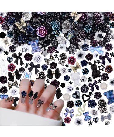 editTime 100pcs 3D Nail Art Charms Resin Camellia Daisy Rose Flower Butterfly Bow Moon Heart Bear for Manicure DIY Crafts Jewelry Accessoriesnicure DIY Crafts Jewelry Accessories (Black)