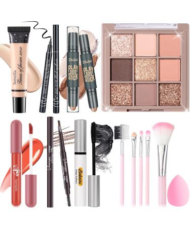 Makeup Set Kit for Women Girls Teens Makeup Present Set Includes 9 Color Eyeshadow Counter Stick Foundation Eyebrow Pencil Eyeliner Mascara Lip Gloss 5Pcs Brushes Sponge Set F