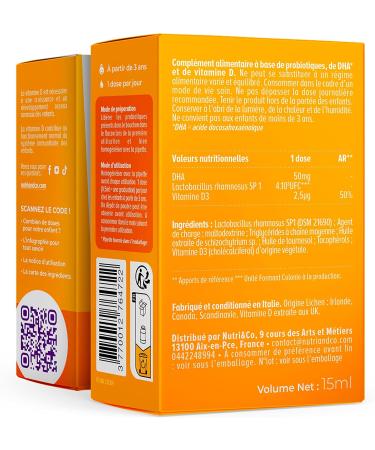 Nutri&Co Children's Probiotics Supplement - Vitamin D Omega 3 Probiotics - Defenses Growth - Bone Teeth Microbiota - Ages 3 Years and Above - 15 ml - Gluten Free No Additives - Buy Online on GoSupps.com