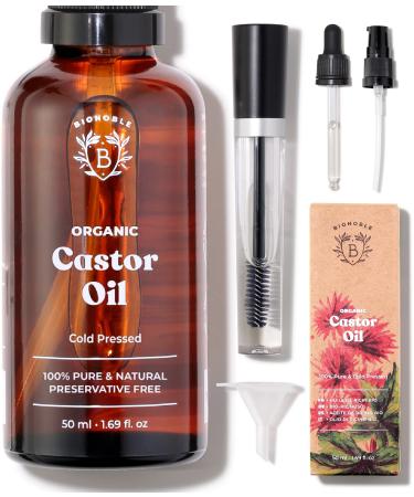Bionoble Organic Castor Oil 50ml - 100% Pure Natural Cold Pressed - Lashes Eyebrows Body Hair Beard Nails - Vegan Cruelty Free - Glass Bottle + Pipette + Pump + Mascara Kit Castor + Mascara Kit 50 ml (Pack of 1)