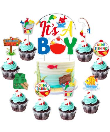 Fangleland Fishing Theme Baby Shower Cake Decorations with It s A Boy Cake Topper and 24Pcs Cupcake Toppers Picks Gone Fishing Welcome Baby Gender Reveal Pregnancy Celebration Party Supplies