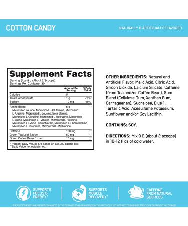 Optimum Nutrition Amino Energy - Cotton Candy Pre Workout Powder with Green Tea, BCAA, Amino Acids, Keto Friendly Formula, Green Coffee Extract - 30 Servings - Buy Online on GoSupps.com