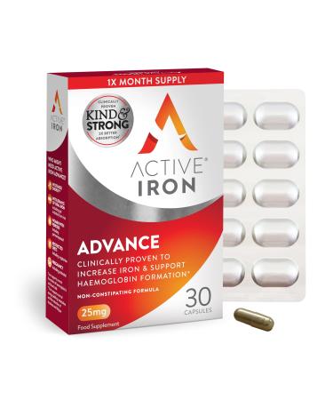 Active Iron Advance 25mg Iron Supplement | Non- Constipating | Clinically Proven to Increase Iron Levels | Fights Tiredness & Fatigue | 30 Daily Capsules