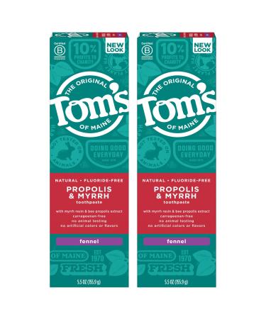 Tom's of Maine Fluoride-Free Propolis & Myrrh Natural Toothpaste Fennel 5.5 oz (Pack of 2) (Packaging May Vary) Fennel 5.5 Ounce (Pack of 2)