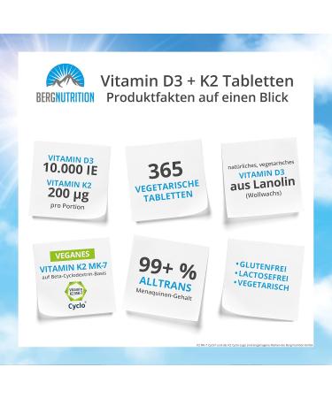 Berg Nutrition Vitamin D3 10 000 IU + K2 200 g | Premium Vegan Tablets for Immune Support | 365 Highly Dosed & Divisible Vitamins - Buy Online on GoSupps.com