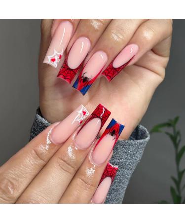 BABALAL Square Press on Nails Long Fake Nails Red French Glue on Nails Spider Design Halloween Acrylic Nails 24Pcs Squoval Manicure Artificial False Nails for Women and Girls FNO11red