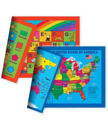 Natural Learning Children's Placemat (2 Placemats: USA/Europe Centered World Map  Alphabet/Colors and Numbers/Shapes 4-in-1)