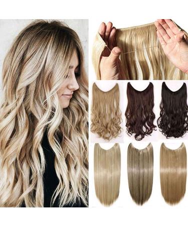 Secret Wire in Hair Extensions Straight Curly Wavy Hair Extension Long Hairpiece Blonde Brown Black Color For Women 20" Curly - Ash blonde mix silver grey 20 Inch Ash blonde mix silver grey