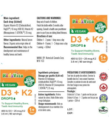 KidzVita - Organic Vegan Vitamin D3 & K2 Drops 400 IU - Support Healthy Bone Teeth and Immunity - Children s Multivitamin For 1 to 8 Years Old 3.6 ML 90 Servings - Buy Online on GoSupps.com