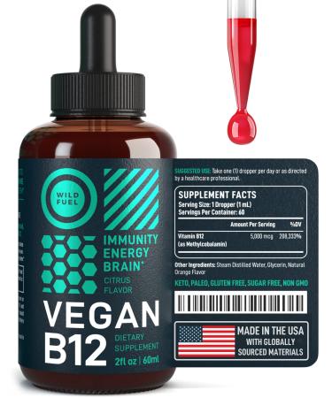 Vegan Vitamin B12 Liquid Supplement - Sublingual B12 Drops Support Production of Cells Energy and Mood - High-Potency One-Dropper Per Day Methylcobalamin B12 5000 mcg - Natural Orange Flavor - 2oz