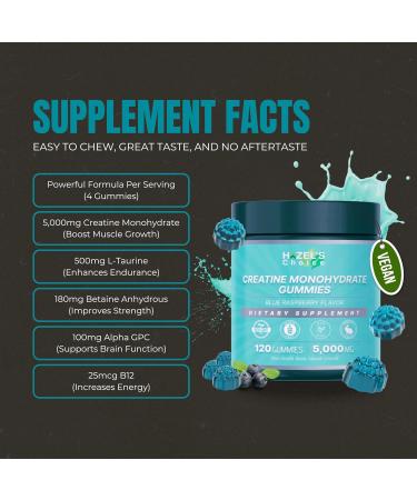 HAZEL'S Choice Creatine Monohydrate Gummies 5000mg 120 Count Vegan Gluten-Free Blue Raspberry & Strawberry Flavor Dietary Supplement Blue Raspberry 120 Count (Pack of 1) - Buy Online on GoSupps.com