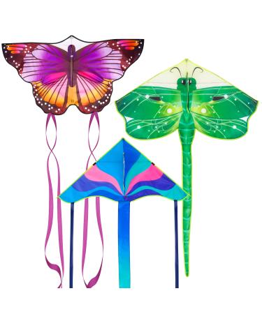 Crogift 3 Pack Large Kites - Butterfly Delta Dragonfly Kites Easy to Fly for Adults Kids Beach Park Outdoor Game Activities, Gifts for Easter and Festival