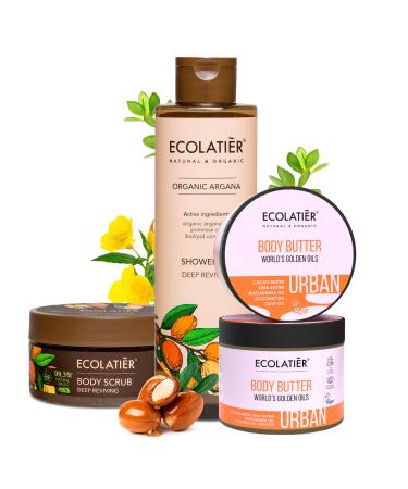Deep Reviving Argan Oil Shower Oil Body Scrub & Body Butter Set - Hydrating & Nourishing Skin Care with Pure Organic Argana Oil for Silky Smooth Skin