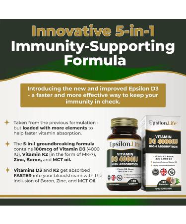 Vitamin D3 K2 Zinc Supplement - High Strength Formula with Vitamin K2 Mk7, Zinc, Boron, and MCT Oil - 4000IU - 120 Capsules - Made in the UK - Buy Online on GoSupps.com