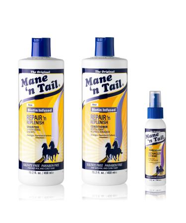 Mane n Tail Sulfate Free Repair n Replenish Gentle Cleaning And Replenishing System For Natural And Curly Hair Curl Defining Vegan Formula (15.2 Set w Detangler)