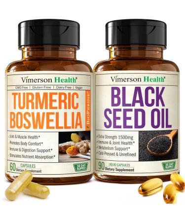 Boswellia Turmeric Curcumin Supplement + Black Seed Oil Bundle Joint Health Immune Support Antioxidants Digestion with Ginger Root Organic Turmeric Powder Cold Pressed Black Seed Oil Capsules