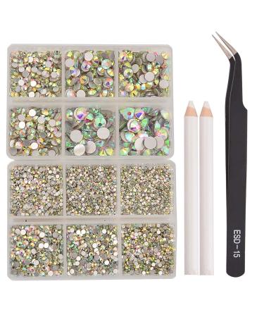NCB 8000pcs Non Hotfix Rhinestones 10 Sizes Flatback Crystal Glass Rhinestones with Tweezers and Picking Pen for Nail Art Clothes Bags Phone Decorations Crafts DIY (001ab Crystal AB Mix SS3-SS30) Mix SS3-SS30 001ab Crystal AB