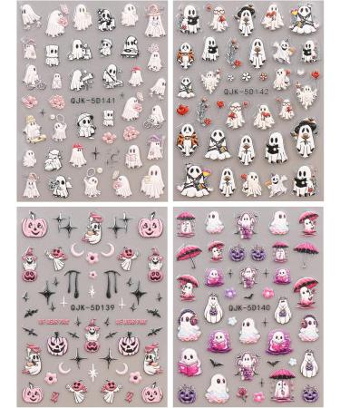 JMEOWIO 3D Embossed Halloween Nail Art Stickers Decals Self-Adhesive 5D Cute Pink Moon Ghost Pumpkin Nail Supplies Nail Art Design Decoration Accessories 4 Sheets - Buy Online on GoSupps.com