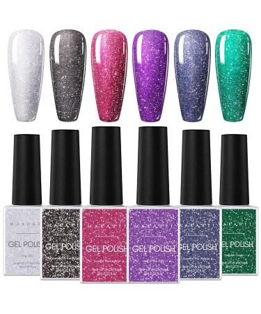 Makartt Gel Nail Polish Set, 6 Colors Reflective Glitter Gel Nail Polish Kit Red Black Purple Green Blue Soak Off Sparkle Shiny Disco Nail Gel Polish Nail Art Salon DIY at Home Gift for Women 8ML