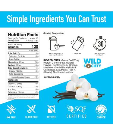 WILD SOCIETY Grass Fed Whey Protein Powder with Superfood Mushrooms - 25g Clean Protein No Added Sugar Non-GMO Gluten-Free Vanilla Bean - 17.5 oz - Buy Online on GoSupps.com