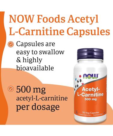 Now Foods Acetyl-L-Carnitine 500mg - 50 Vegan Capsules | Lab-Tested Amino Acid | Gluten & SOYA Free | Vegetarian-Friendly - Buy Online on GoSupps.com