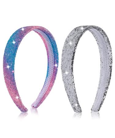 Sibba Headbands Hair Band 2 PCS Rhinestone Sparkly Thin Beaded Wide Head Bands Silver Sparkle Glitter Large Bling Sequin Jeweled Holiday Easter Day Children Accessories Gifts Children Girls