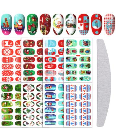 Kalolary 8 Sheets Christmas Full Wraps Self-Adhesive Nail Polish Stickers with 1Pcs Nail File DIY Nail Art Stencil Nail Wraps Decal Strips Manicure Kit for Women Girls Gift (B)
