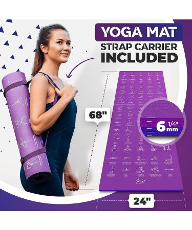 Yoga Mat with 75 Illustrated Poses & Stretches + Carrying Strap | Non-Slip Extra-Thick Mat for Men and Women | Beginner-Friendly | Blue/Purple (68 x 24) - Buy Online on GoSupps.com