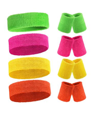 Wristbands Sweatband 8 Sets Workout Headband Absorbent Sports Nonslip Stretchy Sweatband, Wrist Sweatband Wicking Wrist Sweatband Terry Cloth Wristband for Fitness Athletic Sports Bright