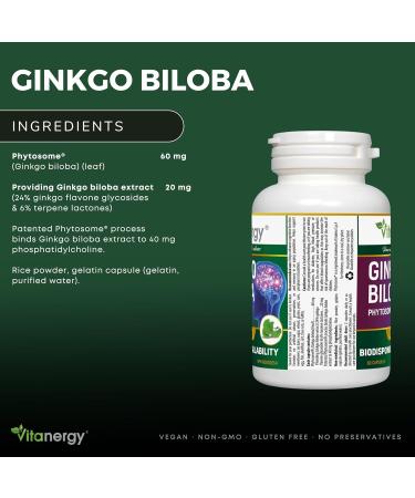 Vitanergy Ginkgo Biloba Enhanced Bioavailability for Cognitive Function & Peripheral Circulation Support 60mg 60 Capsules - Canadian Made - Buy Online on GoSupps.com