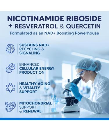 aSquared Nutrition NAD Resveratrol Supplement - NAD+ Nicotinamide Riboside 500mg (Vitamin B3) Plus Trans-Resveratrol & Quercetin - NMN Alternative for Men & Women - 60 Capsules - Buy Online on GoSupps.com