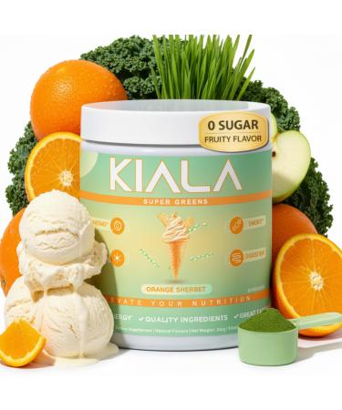 Kiala Nutrition Super Greens Organic Greens Powder with Spirulina & Chlorella for Digestion Gut Health Immunity Adaptogens Energy Gluten Free Vegan Sugar Free Orange Sherbet 30 Servings