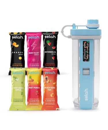 Selah Flavored Water Bottle - 20oz Water Bottle With Flavor Pods Included - Energy Drink Pods Flavor Cartridges Water Enhancer and Sports Drink Pods (Blue 6 Flavor Pod) 6 Flavor Pod Blue