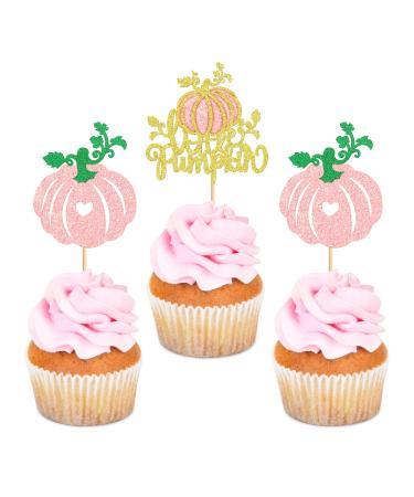 Ercadio 24 Pack Little Pumpkin Cupcake Toppers Pink Glitter Pumpkin Cupcake Picks Fall Pumpkin Cupcake Decorations for Thanksgiving Day Theme Birthday Baby Shower Party Cake Decorations Supplies Style 12
