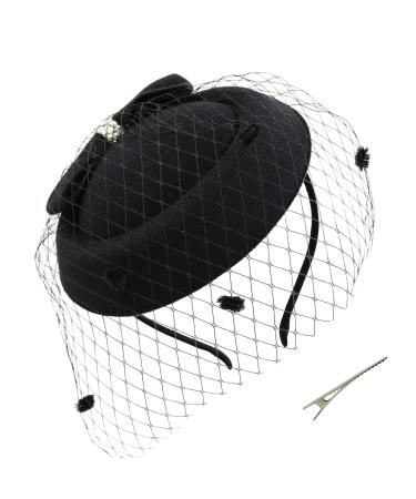 Umeepar Women's Bowknot Pillbox Fascinator Hat Wedding Tea Party Hats with Veil Headband Clip (Black) One Size Black