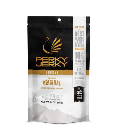 Perky Jerky Original Turkey Jerky, 14oz - Low Sodium - 10g Protein per Serving - Low Fat - 100% U.S. Sourced - Handcrafted, Tender Texture and Bold Flavor 14oz TURKEY - Original