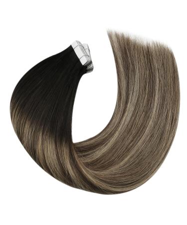 Moresoo Tape In Extensions - 60cm Remy Hair Balayage Black to Dark Brown with Caramel Blonde #1B/3/27 | 50g Adhesive Strip Extensions - Buy Online on GoSupps.com