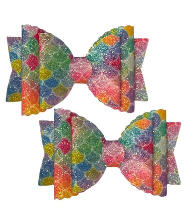 Mermaid Glitter Hair Accessories Bows Clips Slides Grips 3.5" Inch Multi Coloured Cute Handmade For Woman Girls Hairbows - 2x Bows Multi-Coloured