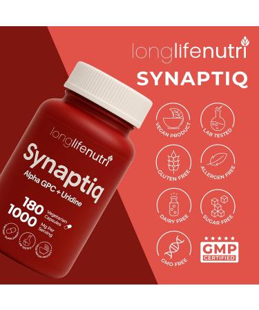 Synaptiq 1000mg (Alpha GPC + Uridine Monophosphate 600mg/400mg) - Nootropic Choline Supplement 180 Vegetarian Capsules 3-Month Supply For Focus & Productivity GMP Certified Made in USA 180 Count (Pack of 1) - Buy Online on GoSupps.com
