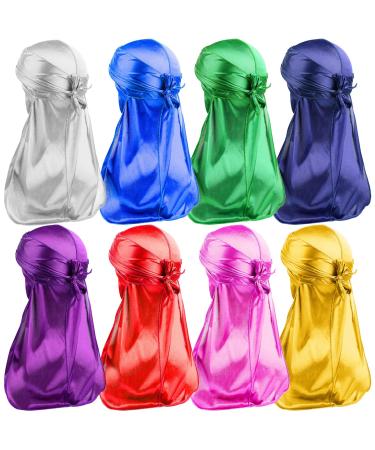 8Pcs Silky Durag Satin Durag With Long Tail Silky Durags for Men Women Durag Cap With Wide Straps Men Waves Durag Cap Headwraps for Men Wave Headwrap Durag Wave Caps Satin Doo Rag for Hair Waves