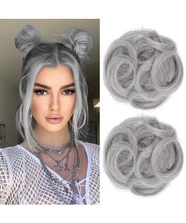 REECHO Space Bun Hair Pieces 2 PCS Mini Claw Clip in Messy & Cat Ears Fake Hair Bun Extensions Wig Accessory Updo Hairpieces for Women Girls (Pack of 2-3.5" Wavy Grey/Brown/Silver/White Mixed) Pack of 2-3.5" Wavy Grey/Brown/Silver/White Mixed
