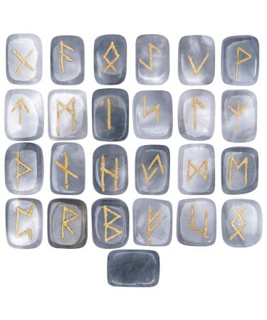 Crocon Smoky Quartz Rectangle Shape Gemstone Runes with Elder Futhark Alphabet Engraved 25 pcs Rune Set | Crystal Divination Metaphysical Healing Chakra Reiki Runes Set| with a Pouch| Size : 20-25mm Smoky Quartz Rune