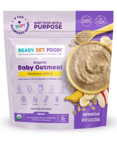 Ready, Set, Food! Organic Baby Oatmeal Cereal | Banana Apple | Organic Baby Food with 9 Top Allergens: Peanut, Egg, Milk, Cashew, Almond, Walnut, Sesame, Soy & Wheat | Unsweetened | Fortified with Iron | 15 Servings Banana