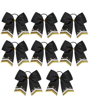 Large Glitter Cheer Bows 8 PCS 8 Black Hair Bow for Girls Rhinestones Sequin Bow Hair Ties School Senior Cheer Bow Accessories for Teen Softball football Cheerleader Sports Black/White/Gold Rhinestone (Pack of 8)